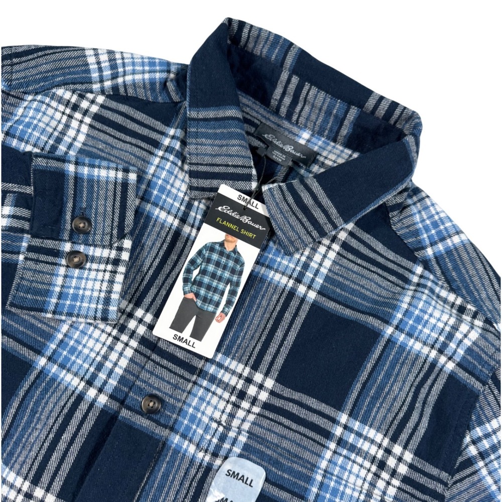 Eddie Bauer Mens Flannel Shirt Small Black Iris Starling Plaid Blue EB001722 NWT